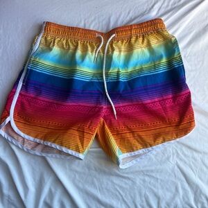 Rainbow striped swim shorts with drawstring waist size small #swimwear #summer